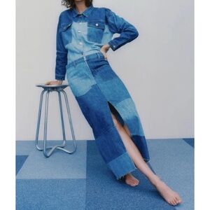Zara Denim Patchwork Long Blue Skirt